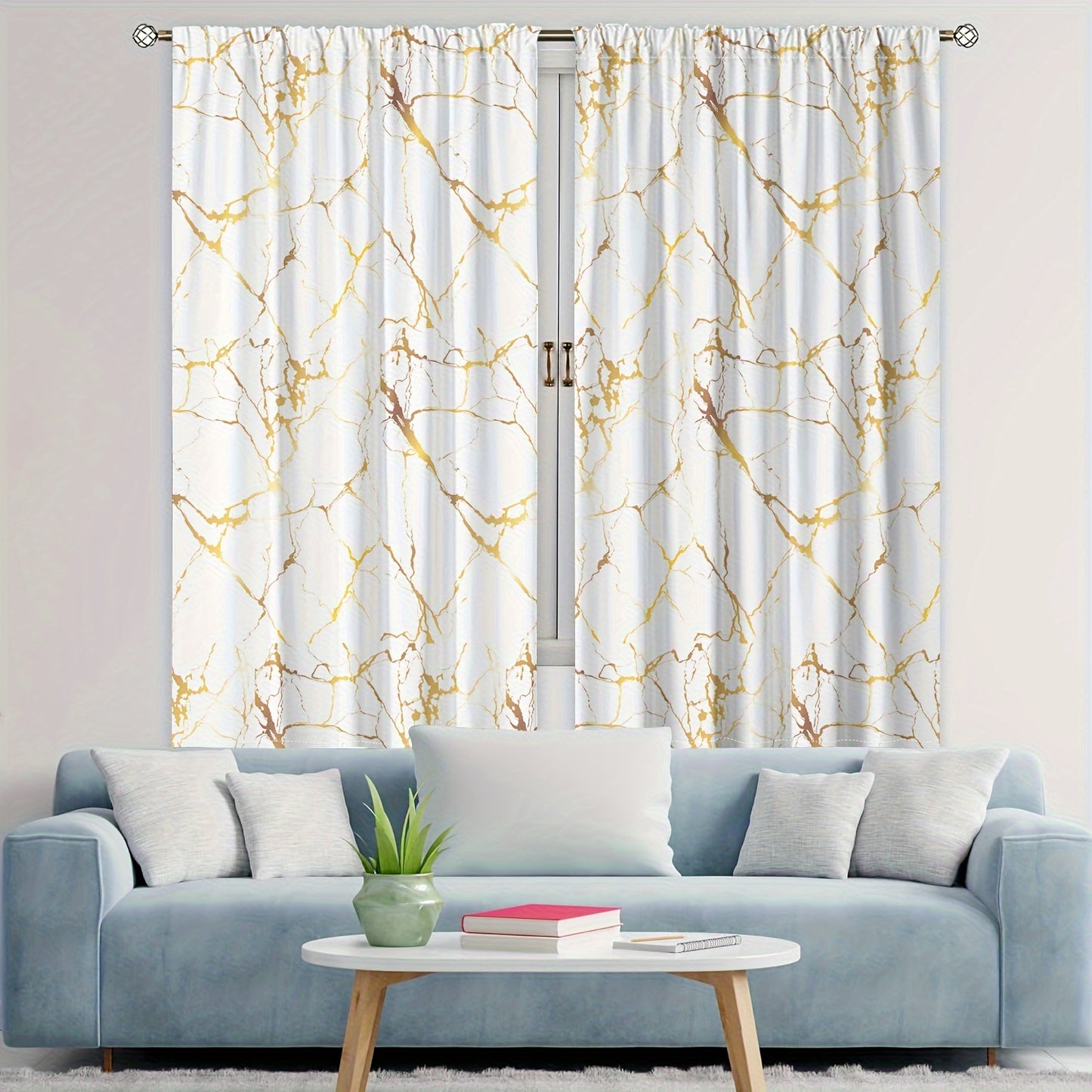 Set of 2 Glam Marble Pattern Rod Pocket Window Curtains - Semi-Sheer, Fade Resistant, Polyester Brushed Fabric for Living Room, Decorative Golden Foil Print, Machine Washable All-Season Drapes