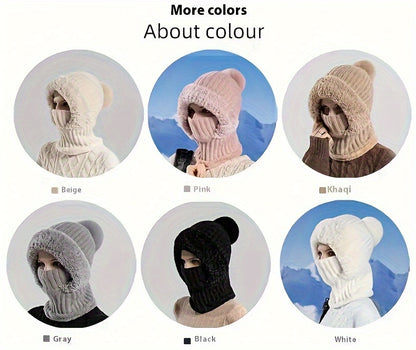 Knitted Hat For Women In Autumn And Winter, Thickened With Fleece, Cold Resistant Hat, Scarf Mask, One-piece Warm Hat, Outdoor Cycling Hat