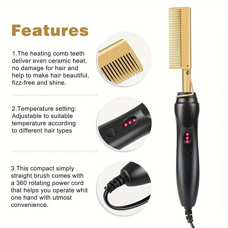 Copper Color Comb Styler - Multi-Purpose Hair Straightener and Curler for Wet and Dry Hair - Fast Heating, Easy-to-Use, Versatile, and Safe Electric Heating Comb for Salon-Quality Styling at Home