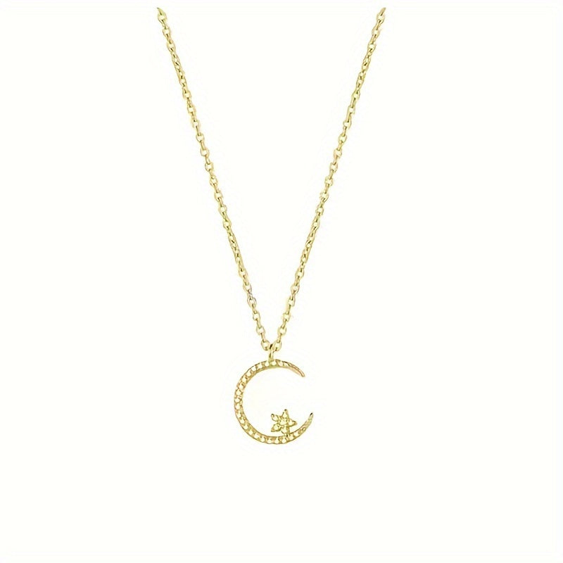 Star Moon Super Sparkle Exquisite Dainty zirconia Ramadan Pendant Necklace, Minimalist Elegant Lovely Versatile Daily Wear Clavicle Chain Jewelry