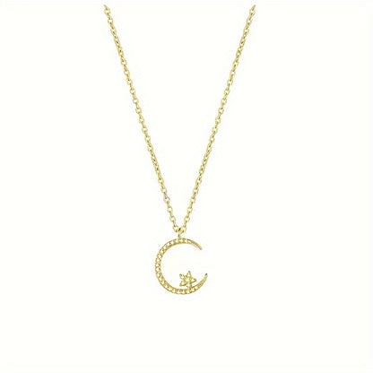 Star Moon Super Sparkle Exquisite Dainty zirconia Ramadan Pendant Necklace, Minimalist Elegant Lovely Versatile Daily Wear Clavicle Chain Jewelry