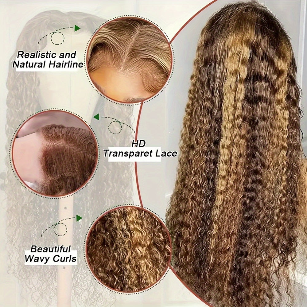 200% Density Highlight 13x4 Ombre Lace Front Wig Human Hair Pre Plucked HD Transparent 4/27 Honey Blonde Lace Frontal Wigs With Baby Hair Colored Water Wave Lace Front Wig Human Hair For Women