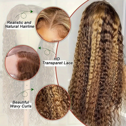 200% Density Highlight 13x4 Ombre Lace Front Wig Human Hair Pre Plucked HD Transparent 4/27 Honey Blonde Lace Frontal Wigs With Baby Hair Colored Water Wave Lace Front Wig Human Hair For Women