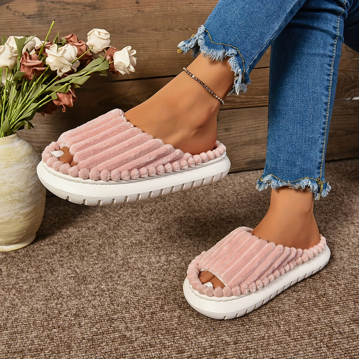 Women's Cozy Plush Half Toe Cap Slippers - Solid Color Fabric Upper with Warm Lining, Non-Slip EVA Sole, Casual Fashion Open Toe Stripe Design, Indoor House Shoes for North America & Europe