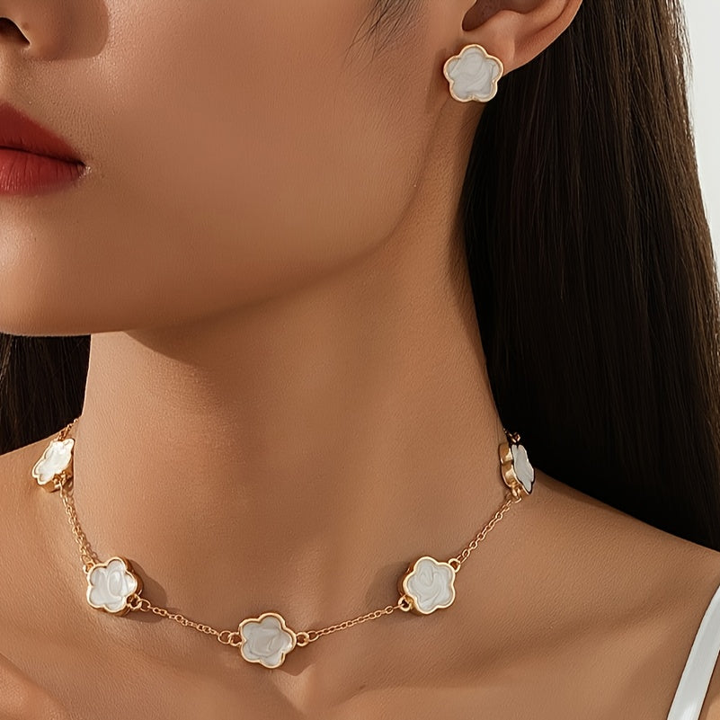 Six-piece lucky clover necklace bracelet earrings earrings set European and American fashion white clover female jewelry set, suitable for daily wild party wedding season to wear gifts.