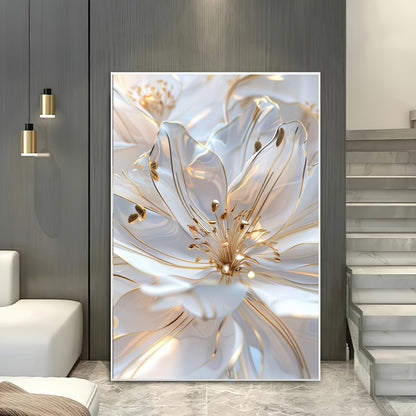 Modern White & Golden Floral Canvas Art, 31.5x47.24in - Frameless Wall Decor for Living Room and Bedroom