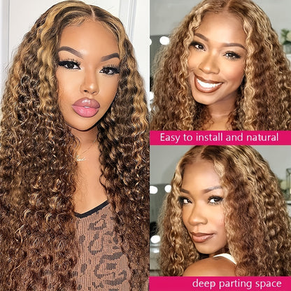 200% Density Highlight 13x4 Ombre Lace Front Wig Human Hair Pre Plucked HD Transparent 4/27 Honey Blonde Lace Frontal Wigs With Baby Hair Colored Water Wave Lace Front Wig Human Hair For Women