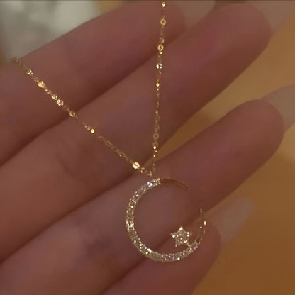 Star Moon Super Sparkle Exquisite Dainty zirconia Ramadan Pendant Necklace, Minimalist Elegant Lovely Versatile Daily Wear Clavicle Chain Jewelry