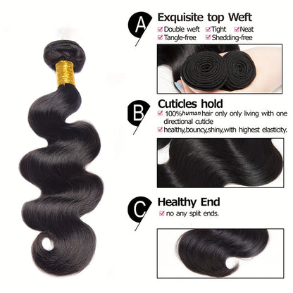 3 Bundles Brazilian Virgin Human Hair Extensions, 100% Unprocessed 10A Body Wave Weft, 300G Tangle-Free Shedding-Resistant for African American Women