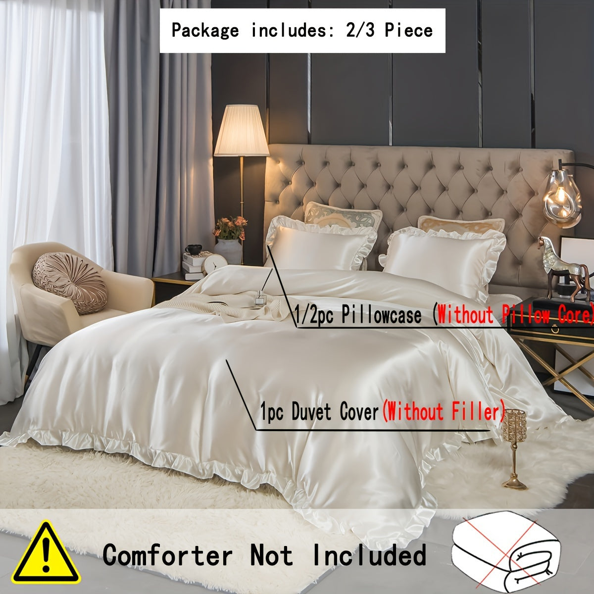 3pcs Soft And Comfortable Imitation Silk Duvet Cover Set With Ruffled Design (1 Duvet Cover + 2 Pillowcases, Core Not Included) - Perfect For Bedroom And Guest Room