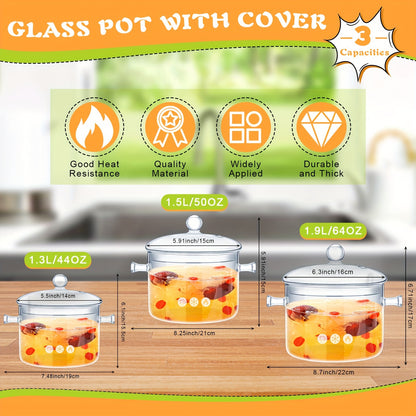 3 Pcs Glass Simmer Pot Heat Resistant Clear 1.3 1.5 1.9 L Glass Saucepan with Cover Handle Glass Pots for Cooking Glass Cookware Glass Stovetop Pot and Pan with Lid for Pasta Noodle (Trendy)