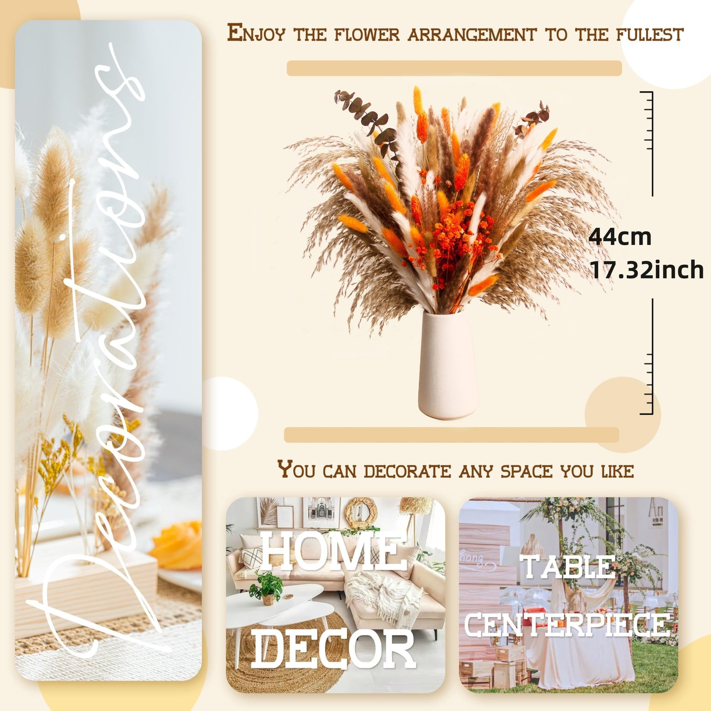 80pcs Boho Style Pampas Grass and Gypsophila Bouquet - Rattan Hanging Ornaments for Wedding and Home Decor - Eucalyptus and Bunny Tail Mix for Table Centerpiece - YH hi flower Enjoy Your Life