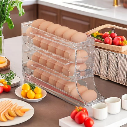 30-Egg Capacity 4-Tier Large Space-Saving Refrigerator Organizer with Automatic Rolling Egg Dispenser