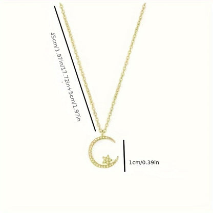 Star Moon Super Sparkle Exquisite Dainty zirconia Ramadan Pendant Necklace, Minimalist Elegant Lovely Versatile Daily Wear Clavicle Chain Jewelry