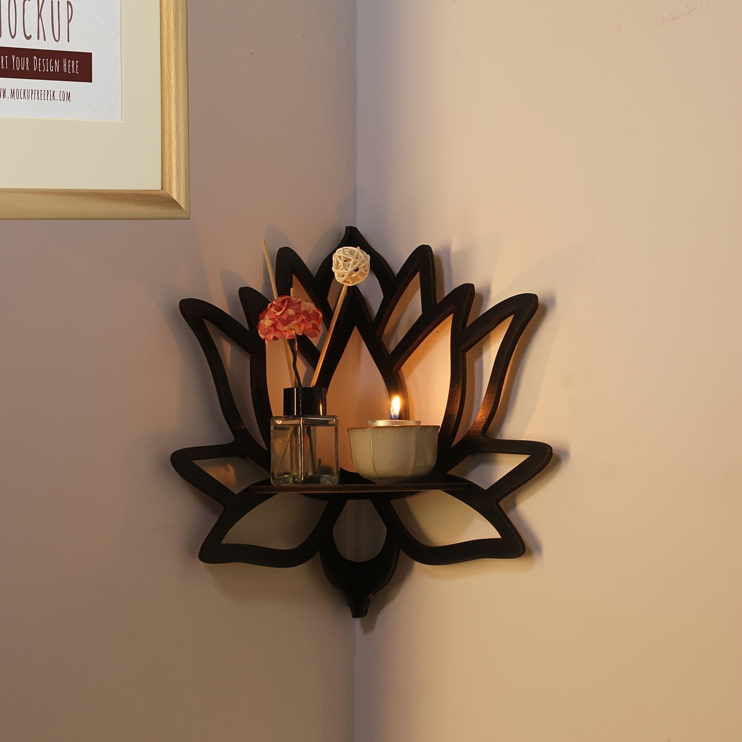 1pc Exquisite Floating Wooden Lotus Shape Display Shelf - Space-Saving Wall Corner Storage for Plants, Flowers, Toys, Scented Candles, and Household Items - Perfect for Hallway, Bedroom, Home, Christmas Decor, Wall Decor, and