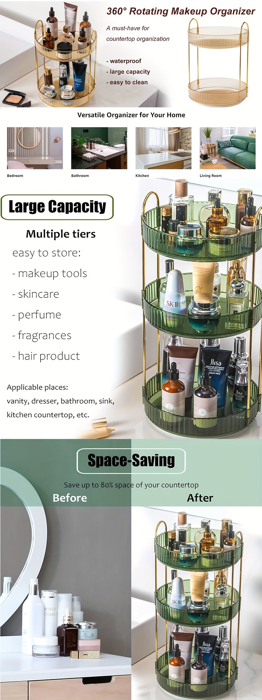 3-Tier Rotating Makeup Organizer Vanity - High-Capacity Skincare and Cosmetic Storage with 360 Spinning Countertop - Perfect for Perfume, Makeup, and Jewelry Organization