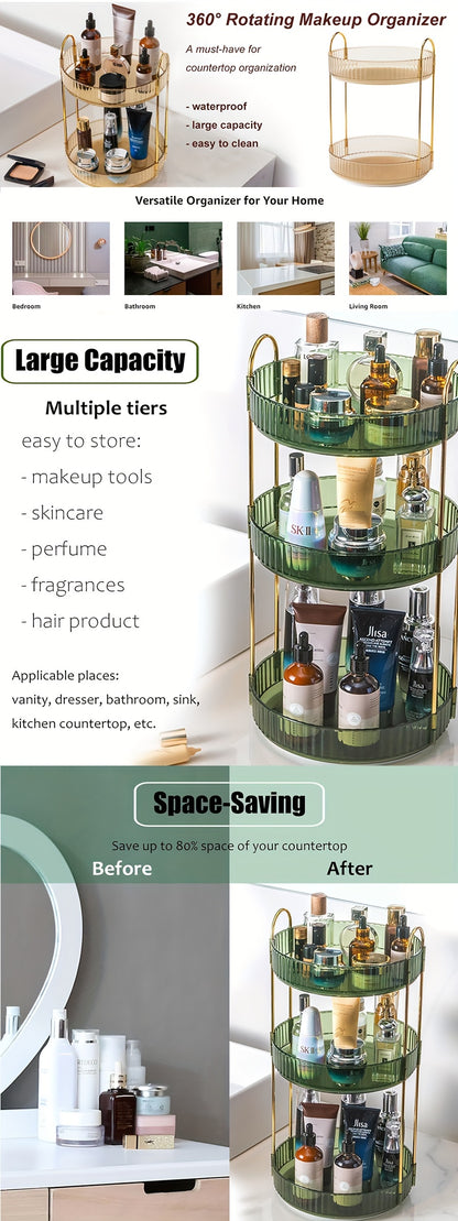 3-Tier Rotating Makeup Organizer Vanity - High-Capacity Skincare and Cosmetic Storage with 360 Spinning Countertop - Perfect for Perfume, Makeup, and Jewelry Organization