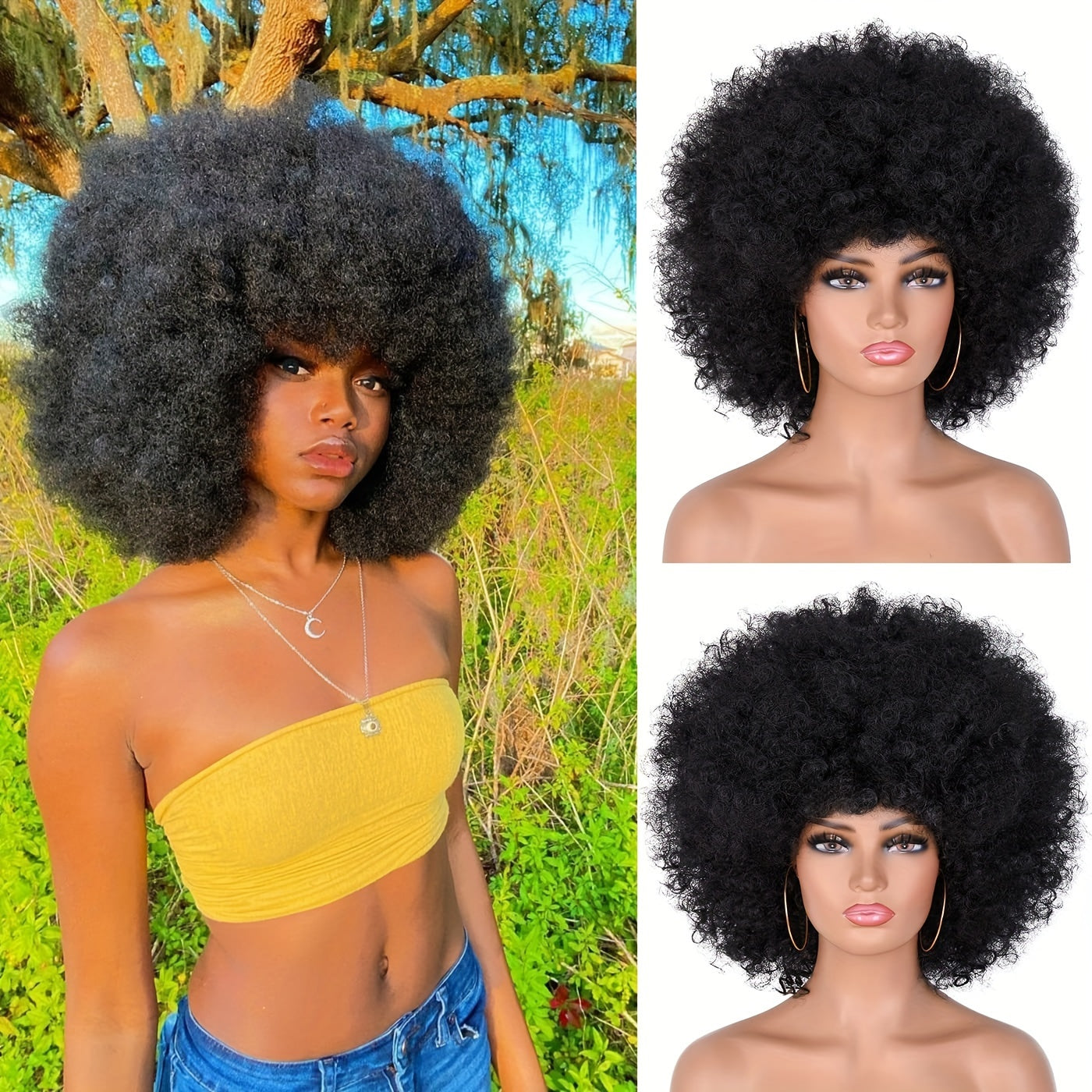 Afro Curly Wigs Human Hair Wigs, 12 Inch Short Afro Kinky Curly Wigs For Black Women, Natural Black Glueless Afro Wigs Curly 180 Density