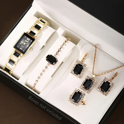 6 Pcs Glamorous Black Square Rhinestone Quartz Watch Set - Zinc Alloy Strap, Pointer, And Case - Elegant Rhinestone Bracelet, Necklace, Earrings, And Ring Jewelry For Women