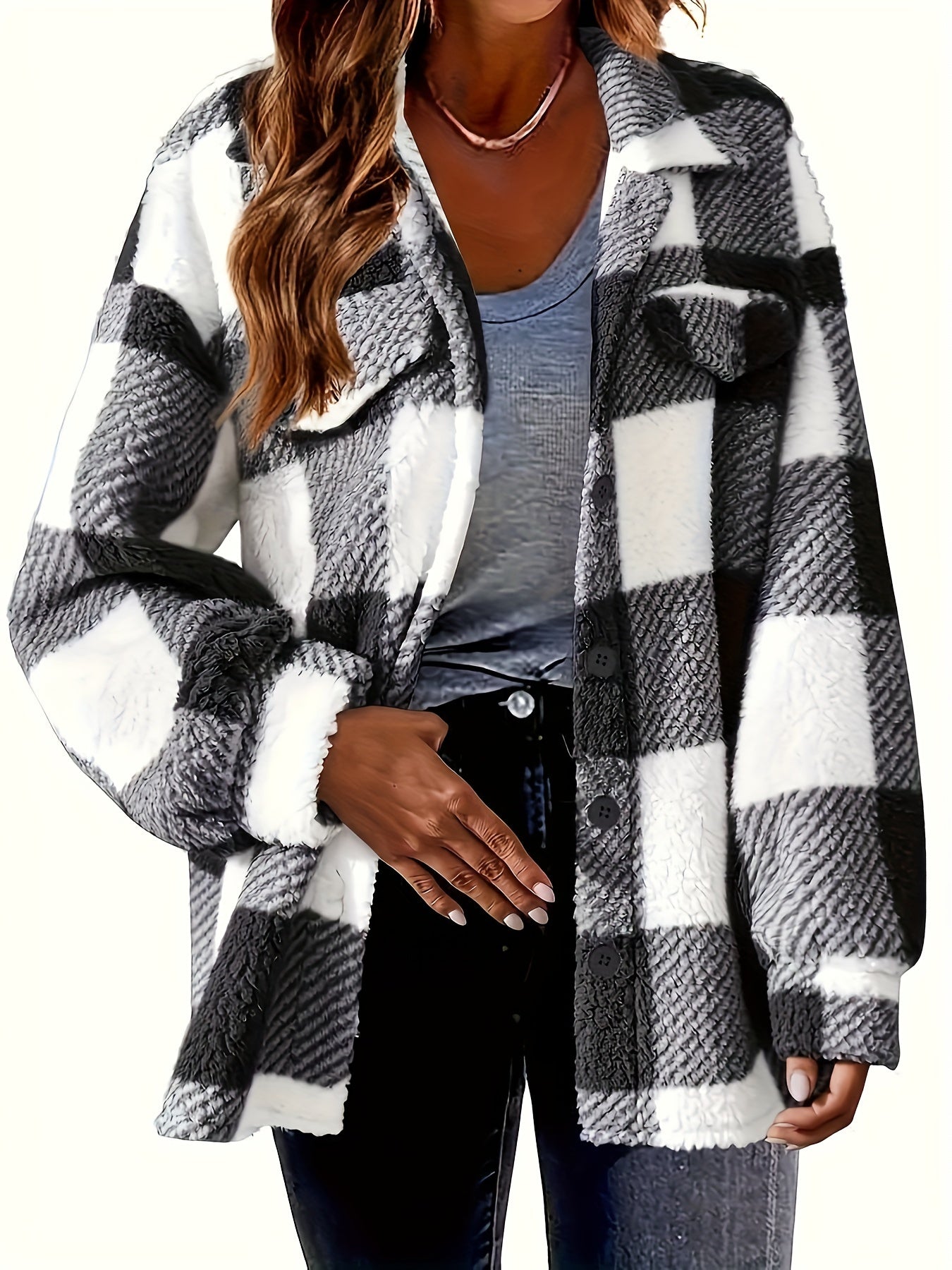 Stylish Plaid Teddy Coat - Women's Casual Jackets with Long Sleeves, Thermal Insulation, and Versatile Button Front Design for Winter Outwear - Soft, Warm, and Cozy