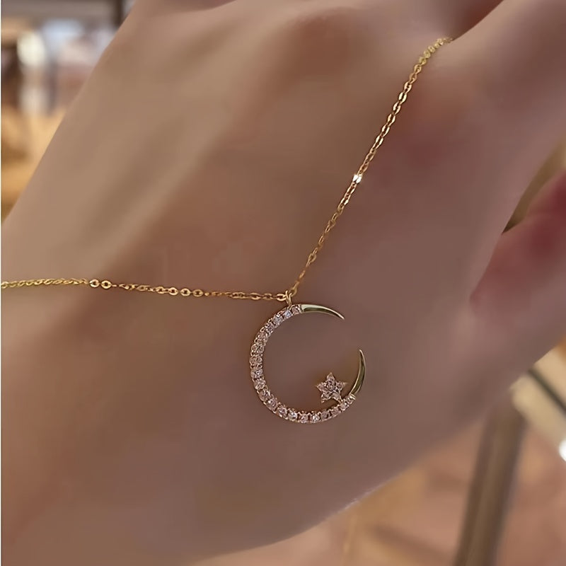 Star Moon Super Sparkle Exquisite Dainty zirconia Ramadan Pendant Necklace, Minimalist Elegant Lovely Versatile Daily Wear Clavicle Chain Jewelry