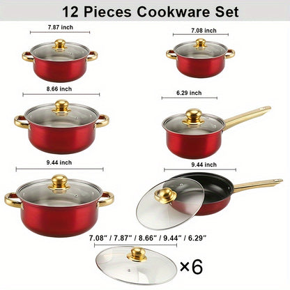 12-Piece Red Stainless Steel Cookware Set - Premium Non-Stick Cookware Sets for All Stoves - Heat-Resistant, Multifunctional, Stylish, Durable, Easy to Clean, and Dishwasher Safe