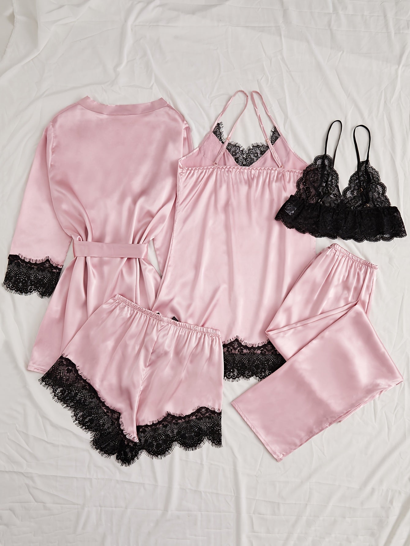 5-Piece Elegant Solid Satin Lace Trim Pajama Set - Long Sleeve Belted Robe, Hollow Out Cami Bra, V Neck Slip Dress, Shorts, and Pants - Soft, Comfortable, and Versatile Women's Sleepwear and Loungewear for Relaxation