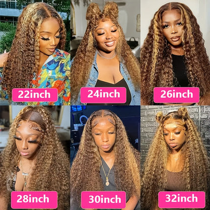 200% Density Highlight 13x4 Ombre Lace Front Wig Human Hair Pre Plucked HD Transparent 4/27 Honey Blonde Lace Frontal Wigs With Baby Hair Colored Water Wave Lace Front Wig Human Hair For Women