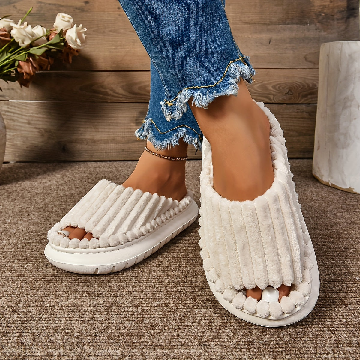 Women's Cozy Plush Half Toe Cap Slippers - Solid Color Fabric Upper with Warm Lining, Non-Slip EVA Sole, Casual Fashion Open Toe Stripe Design, Indoor House Shoes for North America & Europe