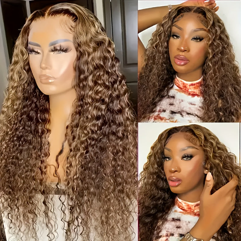 200% Density Highlight 13x4 Ombre Lace Front Wig Human Hair Pre Plucked HD Transparent 4/27 Honey Blonde Lace Frontal Wigs With Baby Hair Colored Water Wave Lace Front Wig Human Hair For Women