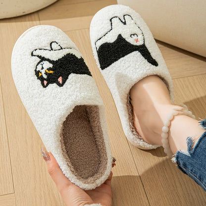 Plush Cotton Slippers For Women - Black Cat Design