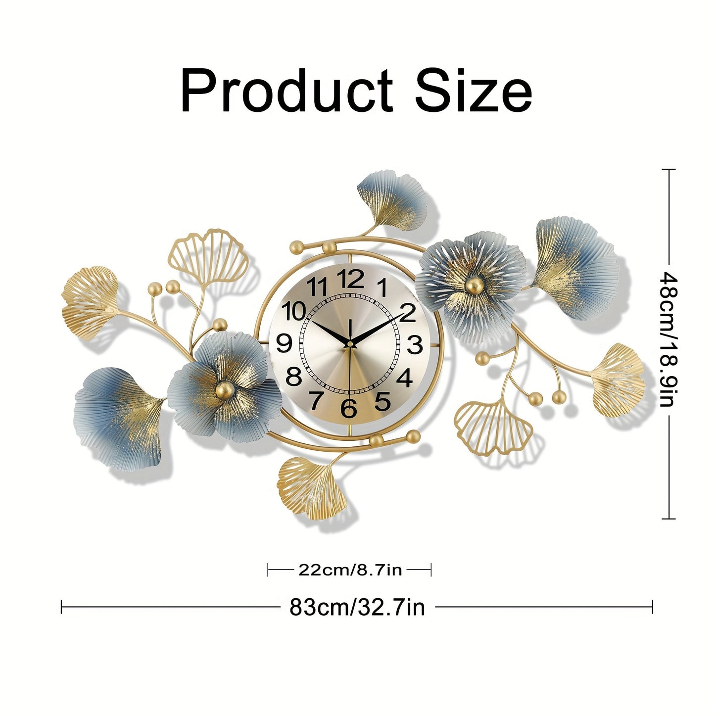 33in Large Metal Wall Clock For Livingroom, Adjustable Ginkgo Leaf Design Wall Clocks For Home Decorations, Silent Non Ticking Decoration Extra Wall Clocks For Bedroom Livingroom Kitchen