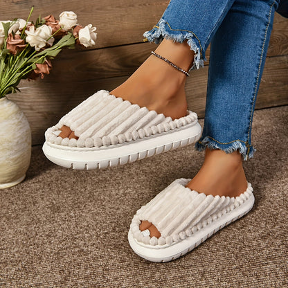 Women's Cozy Plush Half Toe Cap Slippers - Solid Color Fabric Upper with Warm Lining, Non-Slip EVA Sole, Casual Fashion Open Toe Stripe Design, Indoor House Shoes for North America & Europe