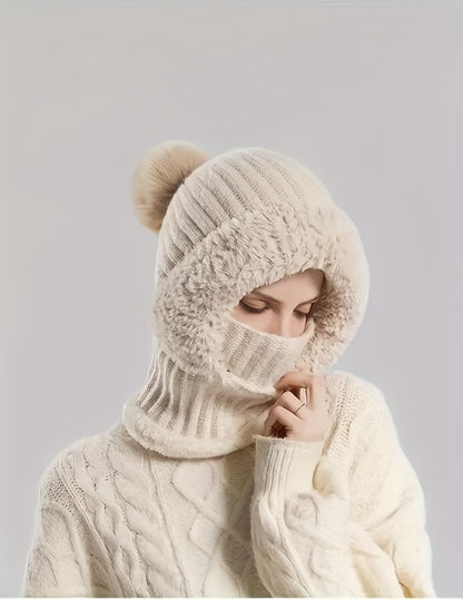 Knitted Hat For Women In Autumn And Winter, Thickened With Fleece, Cold Resistant Hat, Scarf Mask, One-piece Warm Hat, Outdoor Cycling Hat