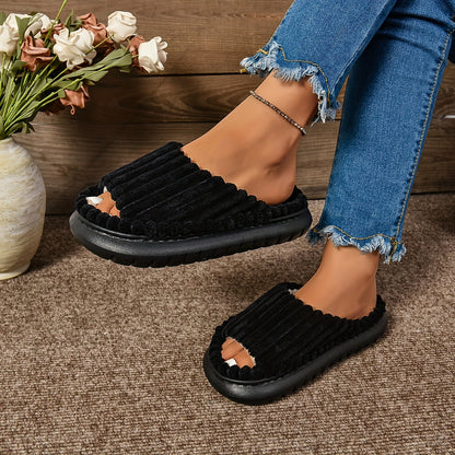 Women's Cozy Plush Half Toe Cap Slippers - Solid Color Fabric Upper with Warm Lining, Non-Slip EVA Sole, Casual Fashion Open Toe Stripe Design, Indoor House Shoes for North America & Europe