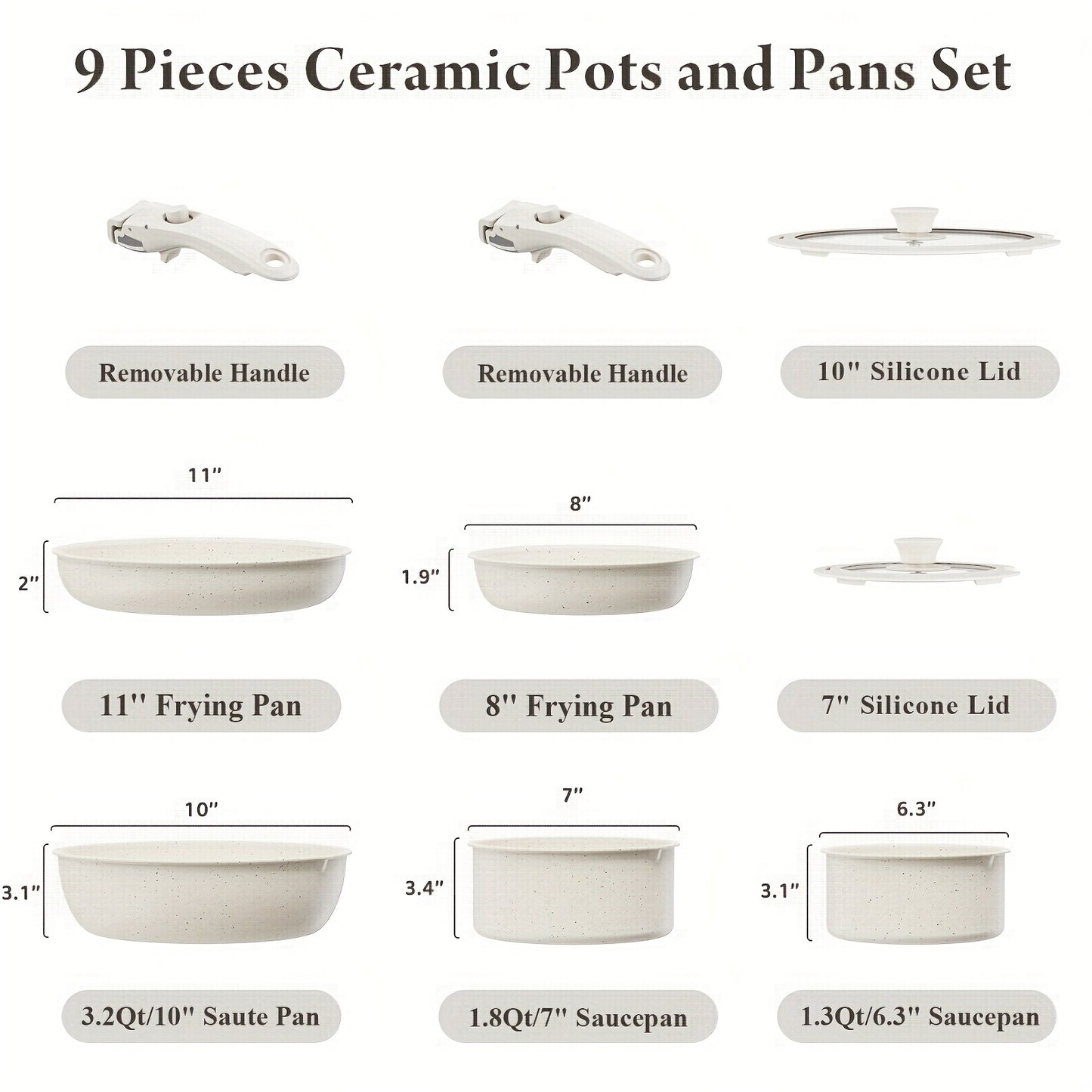 9pcs Ceramic Cookware Set With Removable Handle None Stick Space Saving Cream White Pots And Pans Kitchen Cooking Set