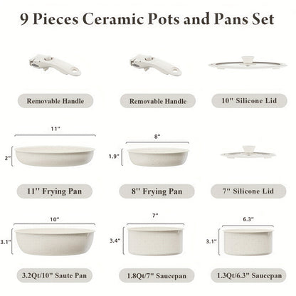 9pcs Ceramic Cookware Set With Removable Handle None Stick Space Saving Cream White Pots And Pans Kitchen Cooking Set