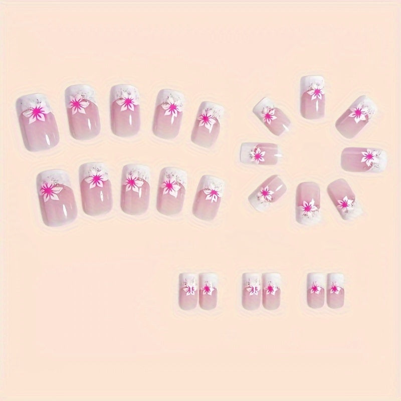 24pcs Chic Pink Floral Gradient Press-On Nails Kit - Short Square, Glossy Finish with Jelly Adhesive & Nail File Included for Women