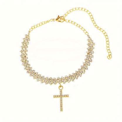 2 PCs/Set Exquisite Delicate Bling Cross Pendant Anklet - 18K Golden Plated Jewelry for Women - Fashion Sparkling Elegant Sexy Style Summer Beach Accessory, Perfect Holiday Gift for Beautiful Ladies, Personalized Jewelry Gift