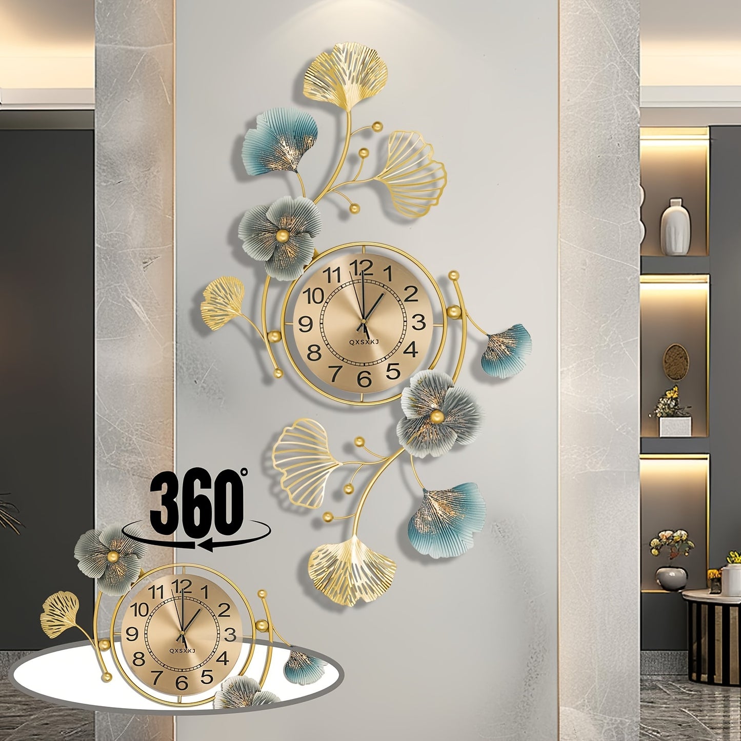 33in Large Metal Wall Clock For Livingroom, Adjustable Ginkgo Leaf Design Wall Clocks For Home Decorations, Silent Non Ticking Decoration Extra Wall Clocks For Bedroom Livingroom Kitchen