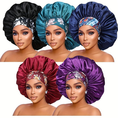 5pcs Soft & Breathable Satin Sleep Caps for Women - High-Density Hair Bonnets with Stretchy Wide Band, Soft Fabric, and Unscented Design - Ideal for Overnight Curls Preservation, All-Season Shower Caps, Comfortable for Chemot