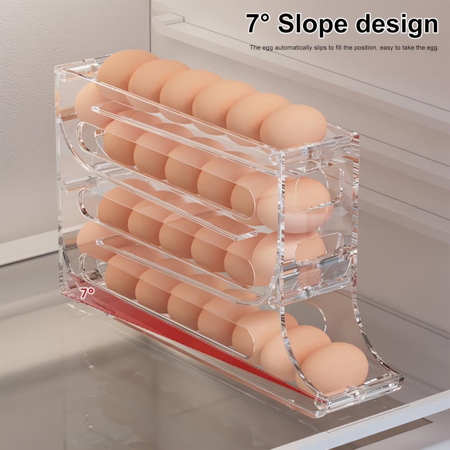 30-Egg Capacity 4-Tier Large Space-Saving Refrigerator Organizer with Automatic Rolling Egg Dispenser