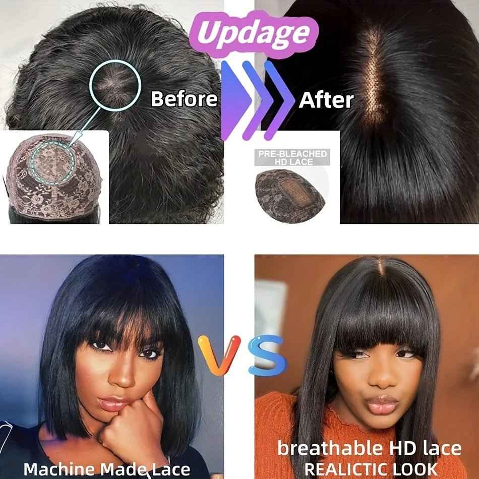 Straight Natural Scalp Raw Human Hair HD Lace Bob With Bang 180% Density Glueless HD 2x1 Lace Bob With Bang Glueless Wigs