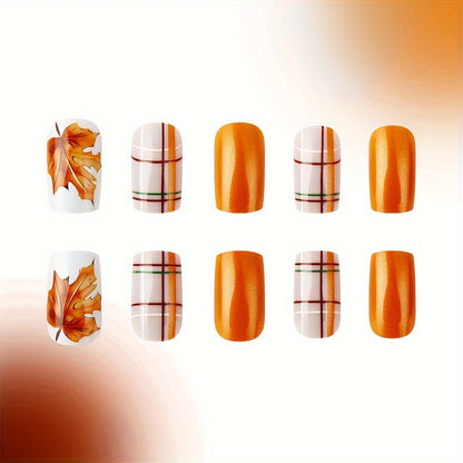 24pcs Golden Maple Leaf Glitter Press-On Nails Set - Medium Square, Shiny Finish with Striped & Plaid Designs for Fall/Winter Fashion