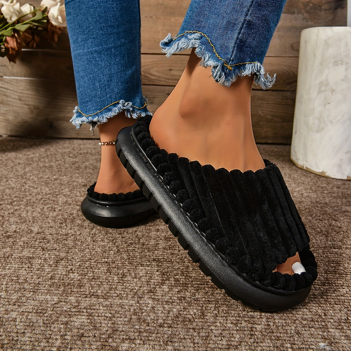 Women's Cozy Plush Half Toe Cap Slippers - Solid Color Fabric Upper with Warm Lining, Non-Slip EVA Sole, Casual Fashion Open Toe Stripe Design, Indoor House Shoes for North America & Europe