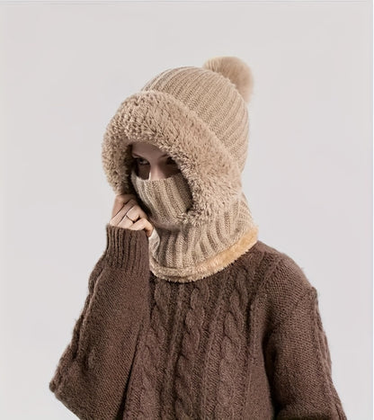 Knitted Hat For Women In Autumn And Winter, Thickened With Fleece, Cold Resistant Hat, Scarf Mask, One-piece Warm Hat, Outdoor Cycling Hat