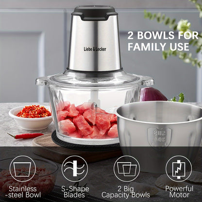 Food Processor, Meat Grinder With 2 Bowls 8 Cup And 8 Cup, Food Chopper Electric Vegetable Chopper With 4 Large Sharp Blades For Fruits, Meat, Vegetables, Baby Food, Nuts, 2 Speed