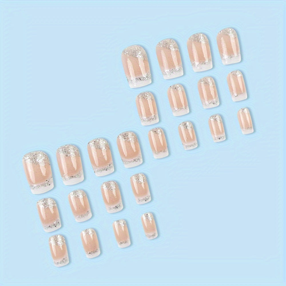 24pcs Set of Glossy Pink Glitter French Press-On Nails - Medium Square, Reusable False Nails for Women and Girls