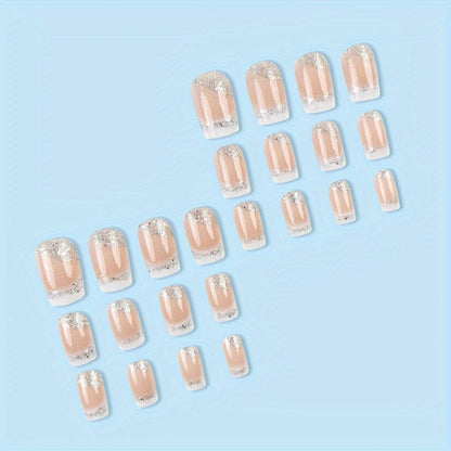 24pcs Set of Glossy Pink Glitter French Press-On Nails - Medium Square, Reusable False Nails for Women and Girls