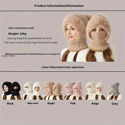 Knitted Hat For Women In Autumn And Winter, Thickened With Fleece, Cold Resistant Hat, Scarf Mask, One-piece Warm Hat, Outdoor Cycling Hat